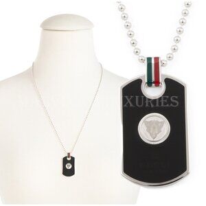 GUCCI NECKLACE SILVER .925 ENAMEL DOG TAG PENDANT WEB & HYSTERIA DETAIL